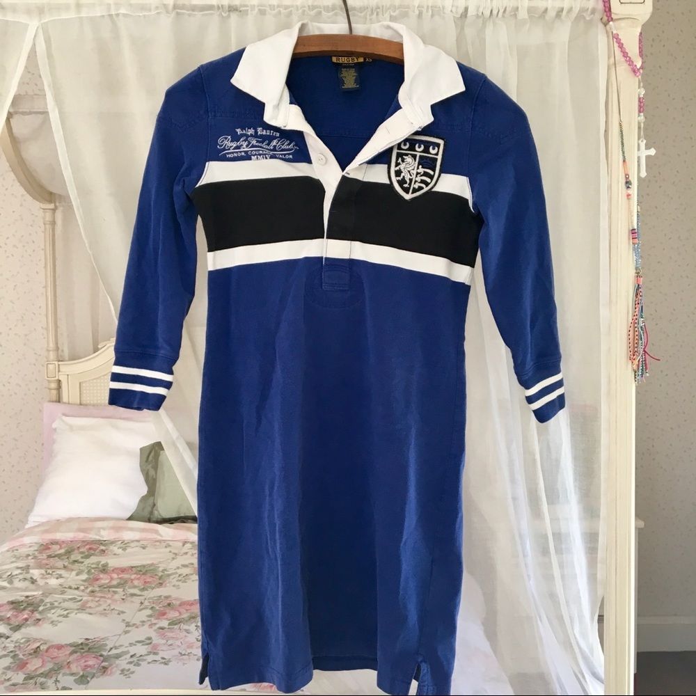 Ralph Lauren Rugby Blue Black Long Sleeve Dress Women's Size XS *RARE*